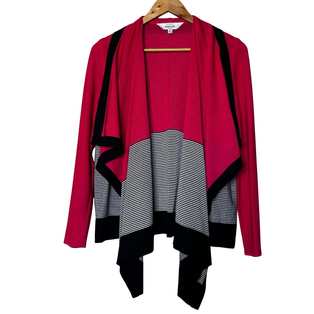 Exclusively Misook Petite Cardigan Size MP Pink Black Stripe Draped Knit Sweater
